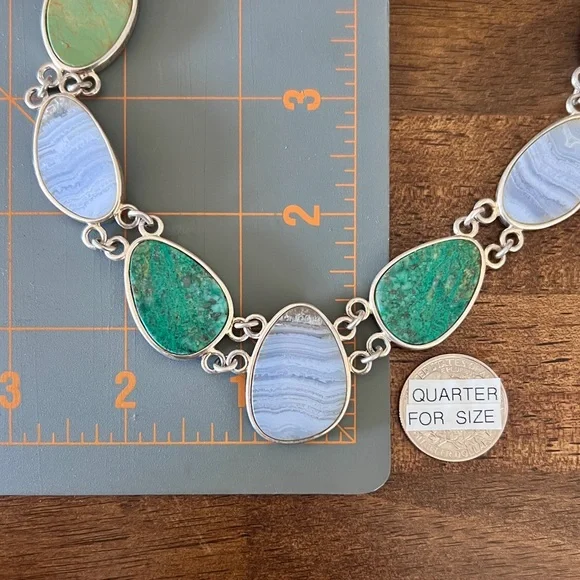 Whitney Kelly Sterling Silver 925 Blue Lace Agate and Chrysoprase Link Necklace - Picture 6 of 10